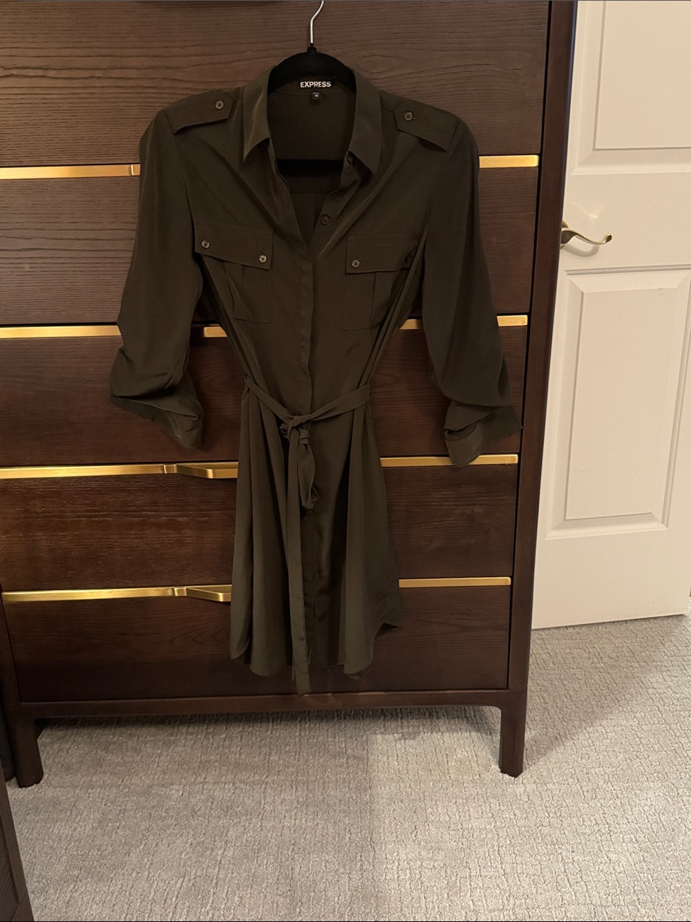 Express Olive Green Shirt-Style Mini Dress with Tie Waist